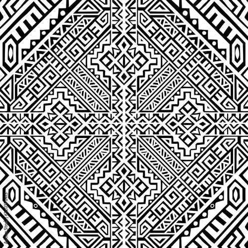 Simmetric seamless pattern in ethnic style. Tribal geometric ornament, perfect for textile design, site background, wrapping paper and other endless fill. Trendy boho tile.