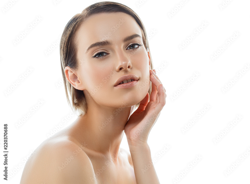 Beauty Woman face with hands. Portrait. Beautiful Spa model Girl with Perfect Fresh Clean Skin. Female looking at camera and smiling. Youth and Skin Care Concept Beauty Woman face with hands. Portrait. Beautiful Spa model Girl with Perfect Fresh Clean Skin. Female looking at camera and smiling. Youth and Skin Care Concept
