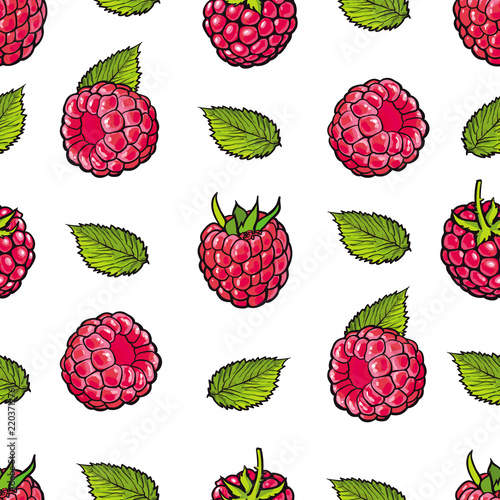 Raspberry seamless pattern with fresh ripe berries and green leaves in sketch style - hand drawn pink summer fruit backdrop. Natural organic sweet food in vector illustration.