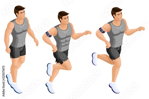Isometric male athlete, running, jumping, athletic build, strong man, muscles. Set of vector characters