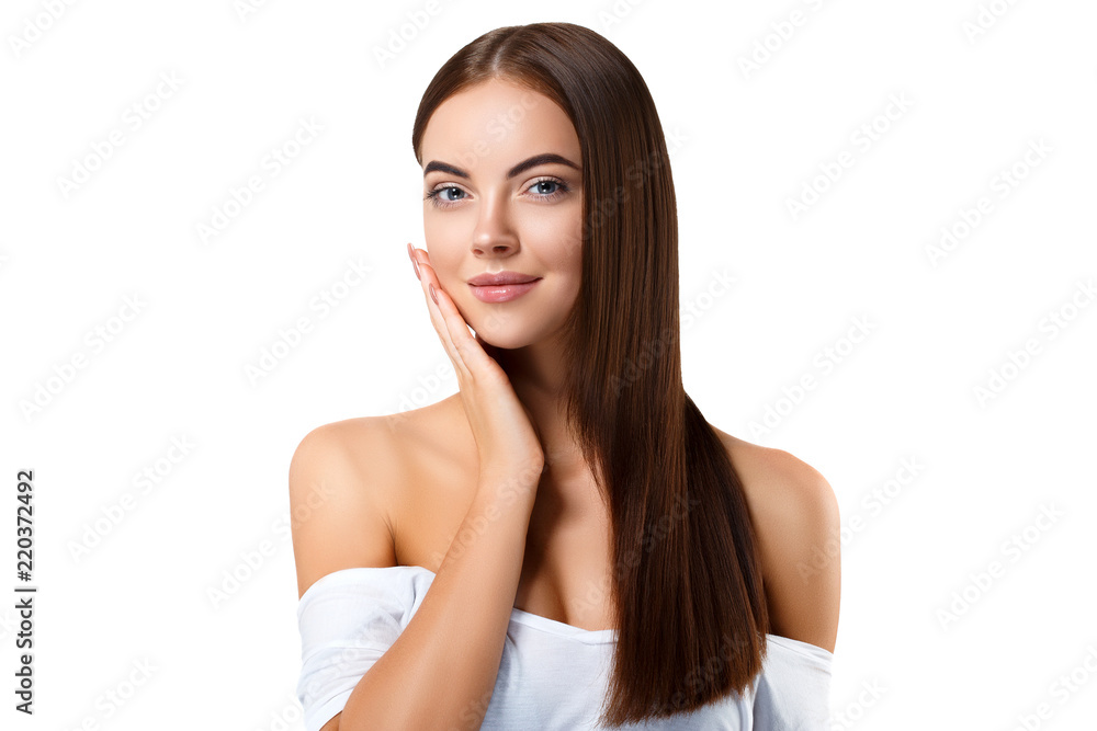 Healthy long hair brunette female model, young woman with long healthy hairstyle isolated on white Healthy long hair brunette female model, young woman with long healthy hairstyle isolated on white