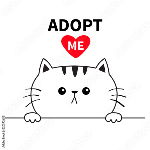Adopt me. Dont buy. Cat face head. Hands paw holding line. Pet adoption. Help homeless animal Cute cartoon kitty character. Funny baby kitten. Flat design. White background