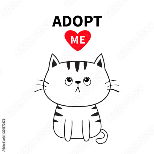 Adopt me. Dont buy. Contour sitting cat silhouette. Red heart. Pet adoption. Kawaii animal. Cute cartoon kitty character. Funny baby kitten. Help homeless animal Flat design. White background