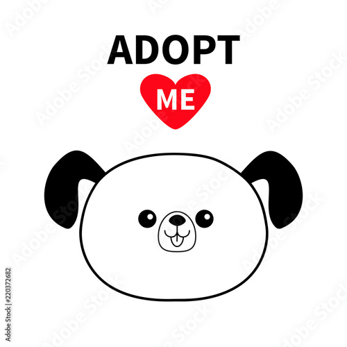 Adopt me. Dont buy. Contour dog round head silhouette. Red heart. Pet adoption. Kawaii animal. Cute cartoon puppy character. Funny baby pooch. Help homeless animal Flat design. White background