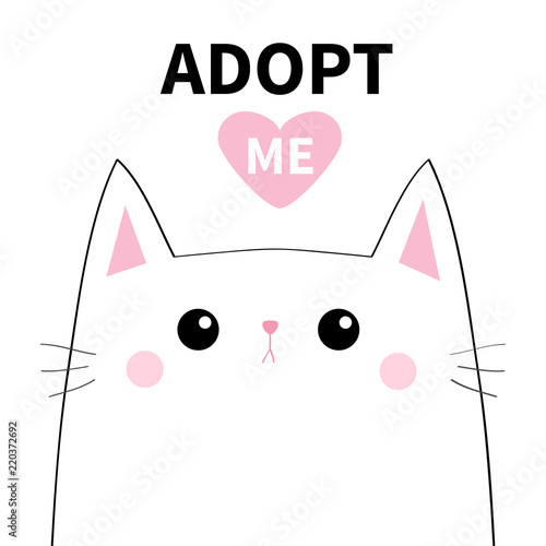 Adopt me. Dont buy. White cat sad face silhouette. Pink heart. Pet adoption. Cute cartoon kitty character. Funny baby kitten. Help homeless animal Flat design. White background