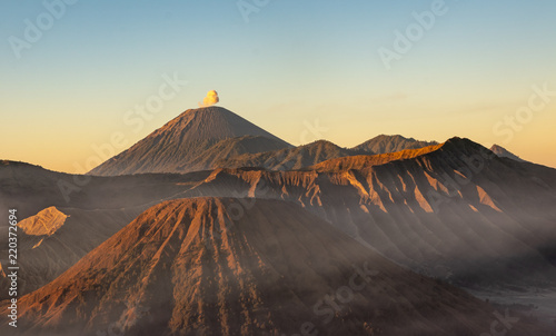 Mount Bromo volcano (Gunung Bromo) during golden hour at Bromo Tengger Semeru National Park, East Java, Indonesia
