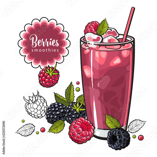 Raspberry and blackberry summer cool drink with fresh ripe fruits and ice in sketch style isolated on white background - hand drawn refreshing juice beverage with berries in vector illustration.