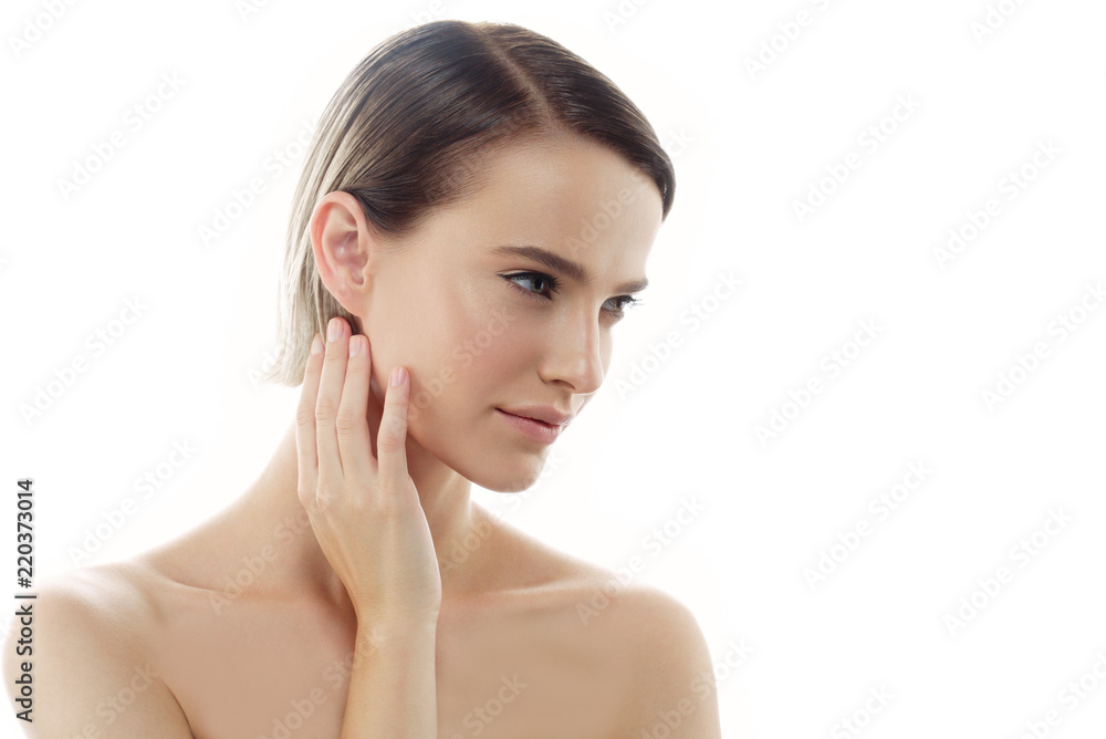 Beautiful face woman with healthy skin and blonde beauty hair perfect natural makeup isolated on white Beautiful face woman with healthy skin and blonde beauty hair perfect natural makeup isolated on white