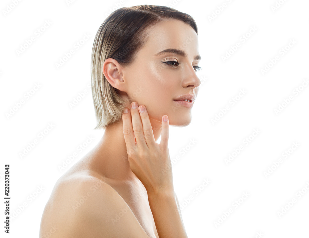 Beautiful face woman with healthy skin and blonde beauty hair perfect natural makeup isolated on white Beautiful face woman with healthy skin and blonde beauty hair perfect natural makeup isolated on white