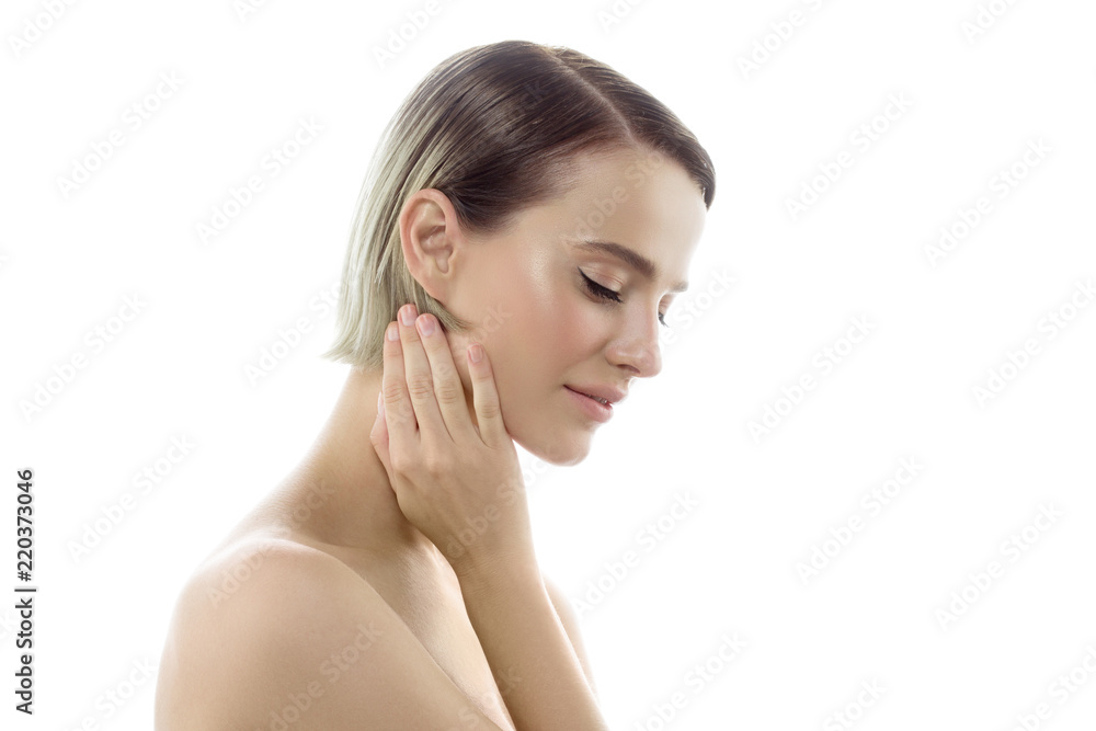 Beautiful face woman with healthy skin and blonde beauty hair perfect natural makeup isolated on white Beautiful face woman with healthy skin and blonde beauty hair perfect natural makeup isolated on white