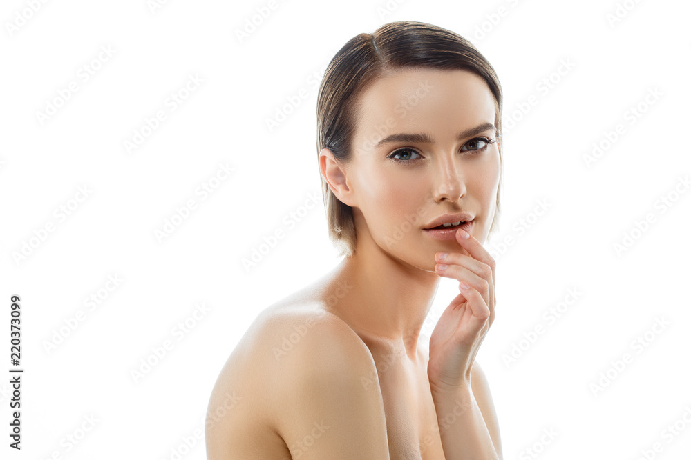 Beautiful face woman with healthy skin and blonde beauty hair perfect natural makeup isolated on white Beautiful face woman with healthy skin and blonde beauty hair perfect natural makeup isolated on white