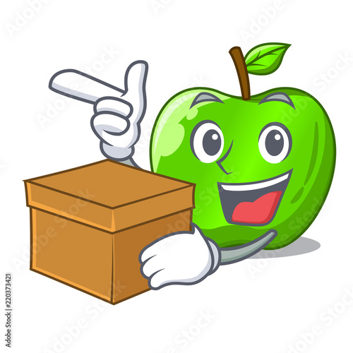 With box character ripe green apple with leaf