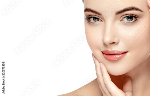 Beautiful Woman Face Portrait Beauty Skin Care Concept. Isolated on white