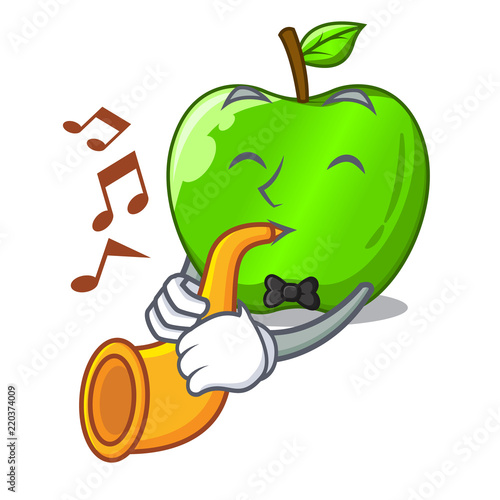 With trumpet perfect fresh green apple on cartoon