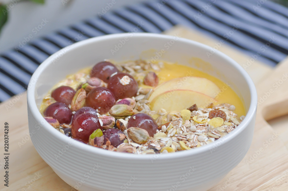 mango yogurt with apple, oat, pistachio and grape mango yogurt with apple, oat, pistachio and grape