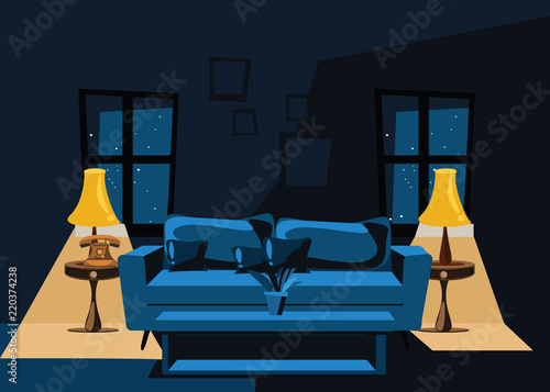 living room at night vector illustration 