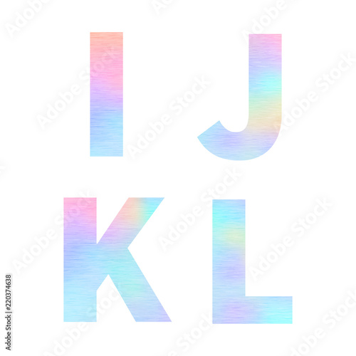 Modern I J K L letters with bright colorful holographic foil texture isolated on white