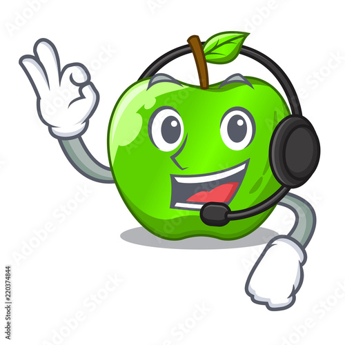 With headphone green smith apple isolated on cartoon