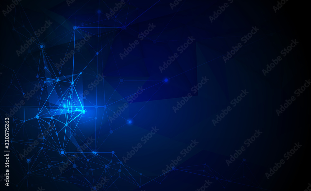 Illustration Abstract Molecules with Lines, Geometric, Polygon, Triangle pattern. Vector design network communication technology on dark blue background. Futuristic- digital science technology concept