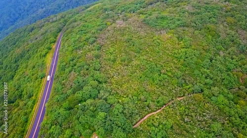 Aerial view of Mount Mitchell State Park revealing a birdseye view of the carpark below. photo