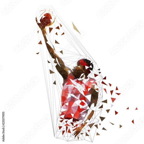 Basketball player shooting ball, low poly vector illustration. Finger roll shot