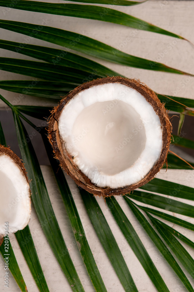 Сoconut on a palm tree background. Coconut in a cut Сoconut on a palm tree background. Coconut in a cut