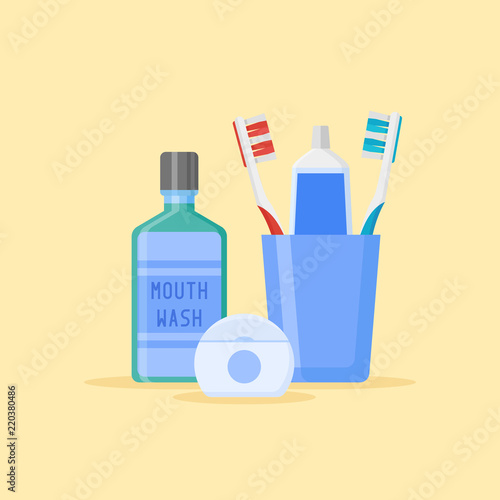 Set of dental cleaning tools. Toothbrushes and toothpaste in glass, mouthwash, dental floss isolated on yellow background. Flat style vector illustration.