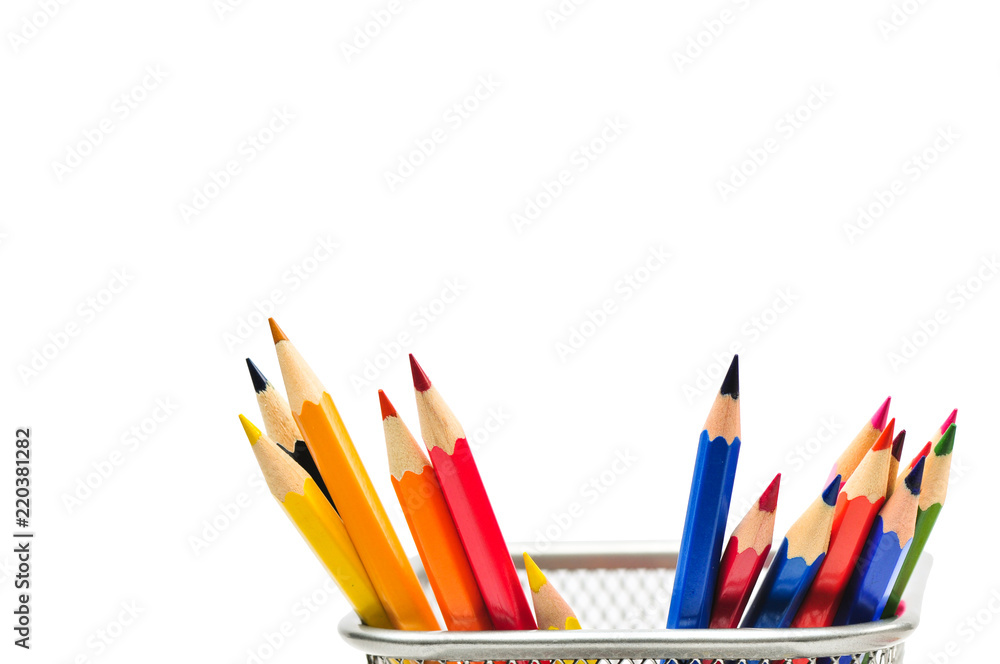 Fototapeta premium Colored pencils in pencil case isolated on white background. 