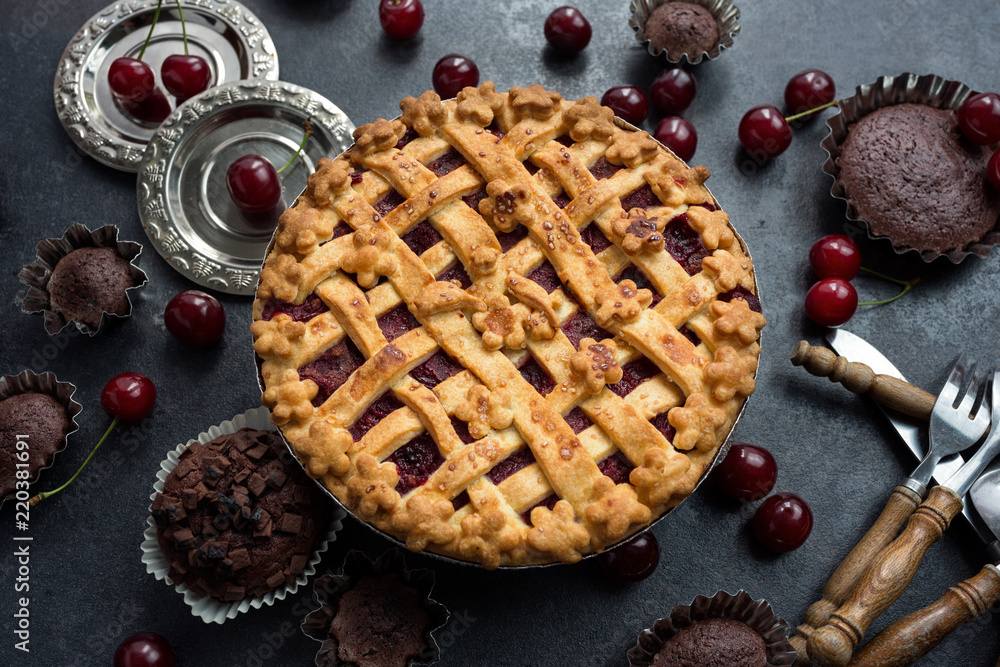 homemade cherry pie with a flaky crust. homemade cherry pie with a flaky crust.