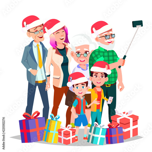 Christmas Family Portrait Vector. Big Happy Family. Traditional Event. Santa Hats. New Year Gifts. Parents, Grandparents, Children. Greeting, Postcard, Colorful Design. Isolated Cartoon Illustration