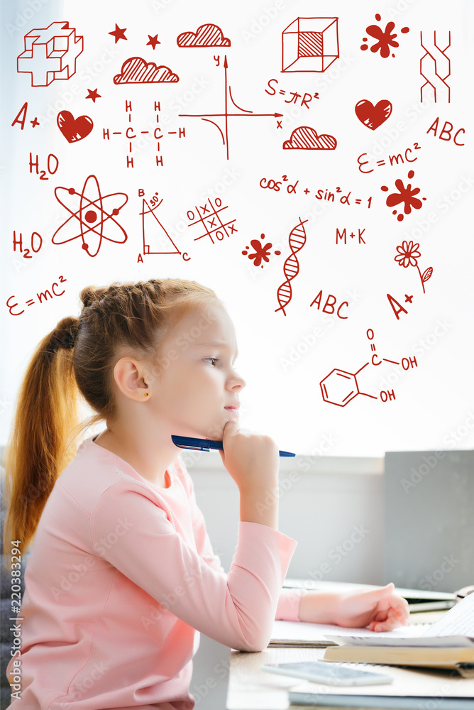 side view of thoughtful schoolgirl holding pen and looking away while studying at home, with chemistry icons side view of thoughtful schoolgirl holding pen and looking away while studying at home, with chemistry icons