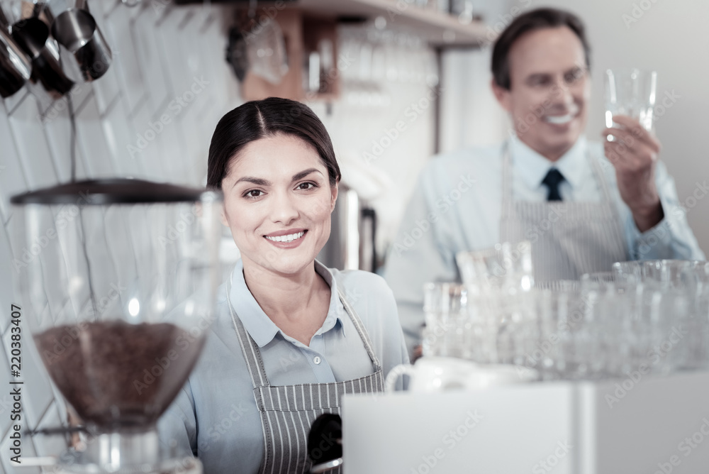 Cheerful waitress. Smiling attractive waitress feeling glad while working with a coffee machine Cheerful waitress. Smiling attractive waitress feeling glad while working with a coffee machine