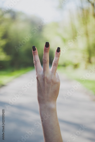 Girl demonstrating a number three (3) gesture against sunny green background. © Yurii Zymovin