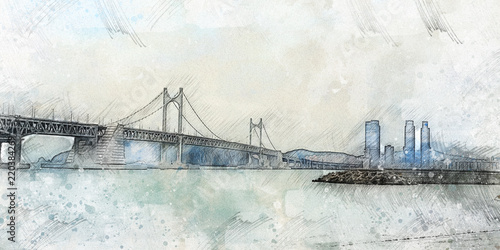 Watercolor style Busan's Sea and Bridge