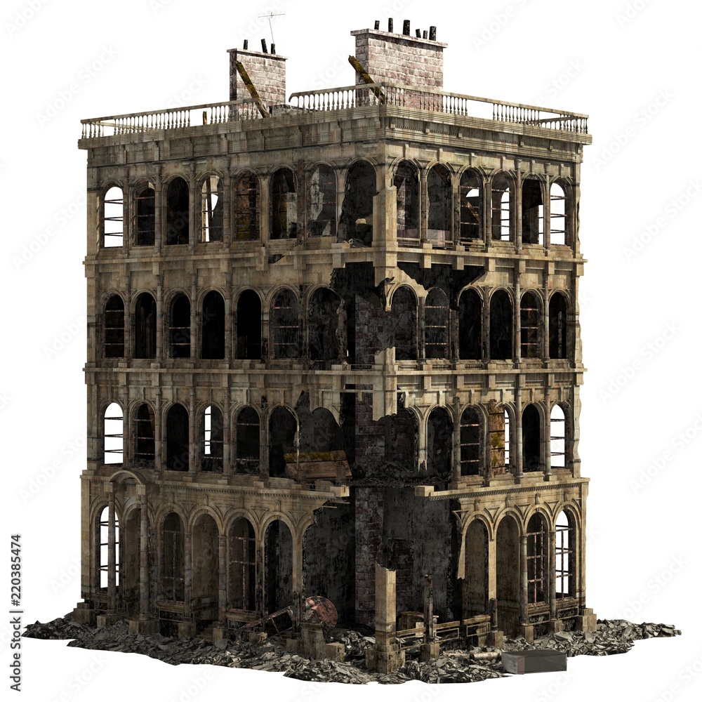 Fototapeta premium Ruined Building Isolated On White 3D Illustration