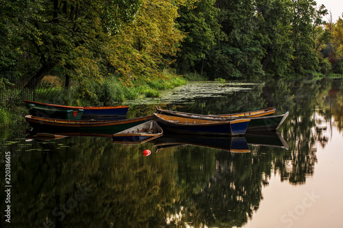 Fotografía Group of Old Small Boat Sink in The Lake ok Wilanow Park - Half-submerged old bo