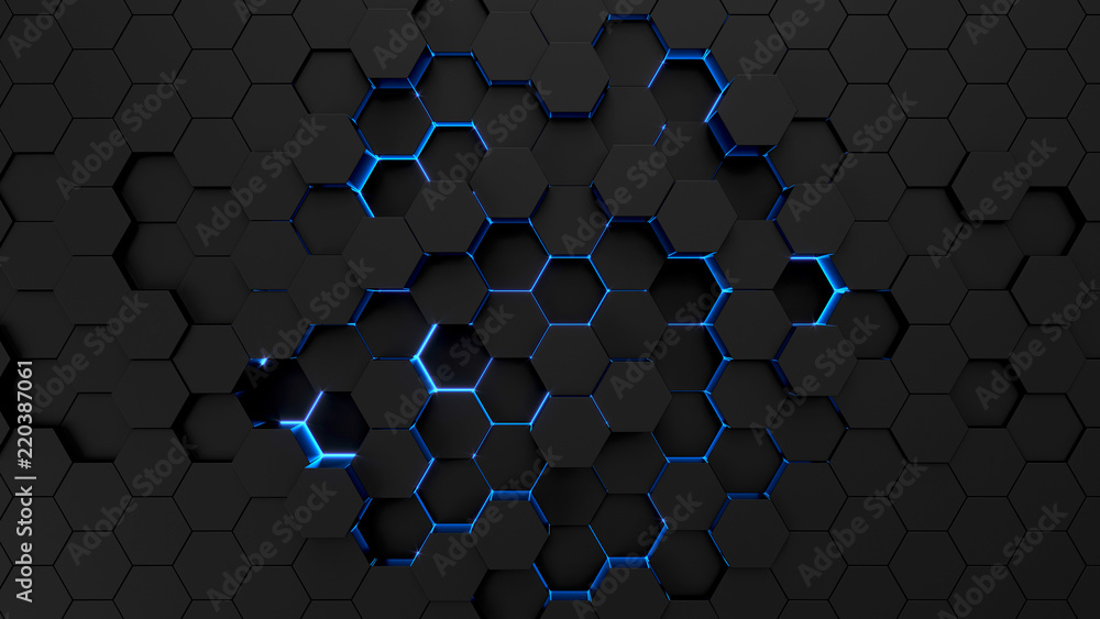 Technological hexagonal background with blue neon illumination