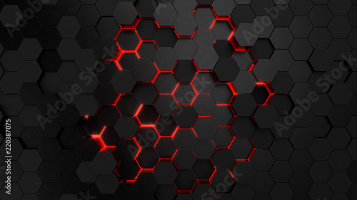 Fototapeta Naklejka Na Ścianę i Meble -  Technological hexagonal background with red neon illumination