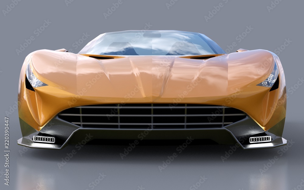 Fototapeta Pomarańczowy konceptualny sporta kabriolet dla jeździć wokoło miasta i ścigać się ślad na szarym tle. 3d rendering.