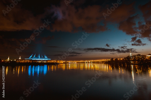 Beautiful view of the Zenit Arens and  Lahta Center from Elagin Island photo