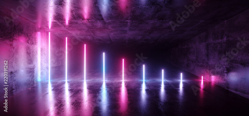 Futuristic Sci Fi Dark Empty Room With Blue And Purple Neon Glowing Line Tubes On Grunge Concrete Floor With Reflections 3D Rendering