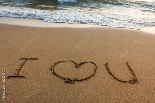 write I love you on the sand with the wave