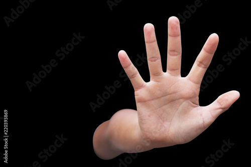 Photos Isolated human hand showing stop gesture on black background,Stop violence and a