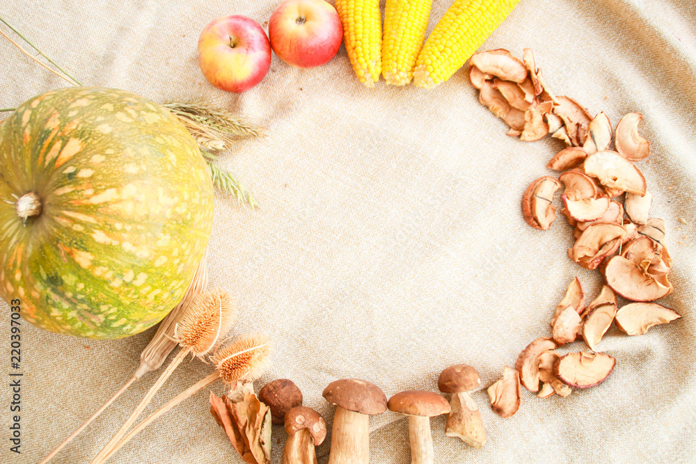 Thanksgiving fall composition: pumpkin, apples, mushrooms, corn, dried fruits Thanksgiving fall composition: pumpkin, apples, mushrooms, corn, dried fruits