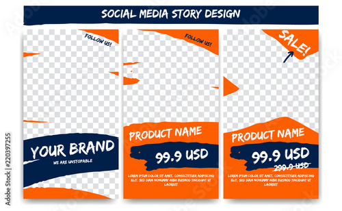 Editable social media IG story action adventure in orange blue color. Product sale promotion branding post social media template frame with brush stroke shape