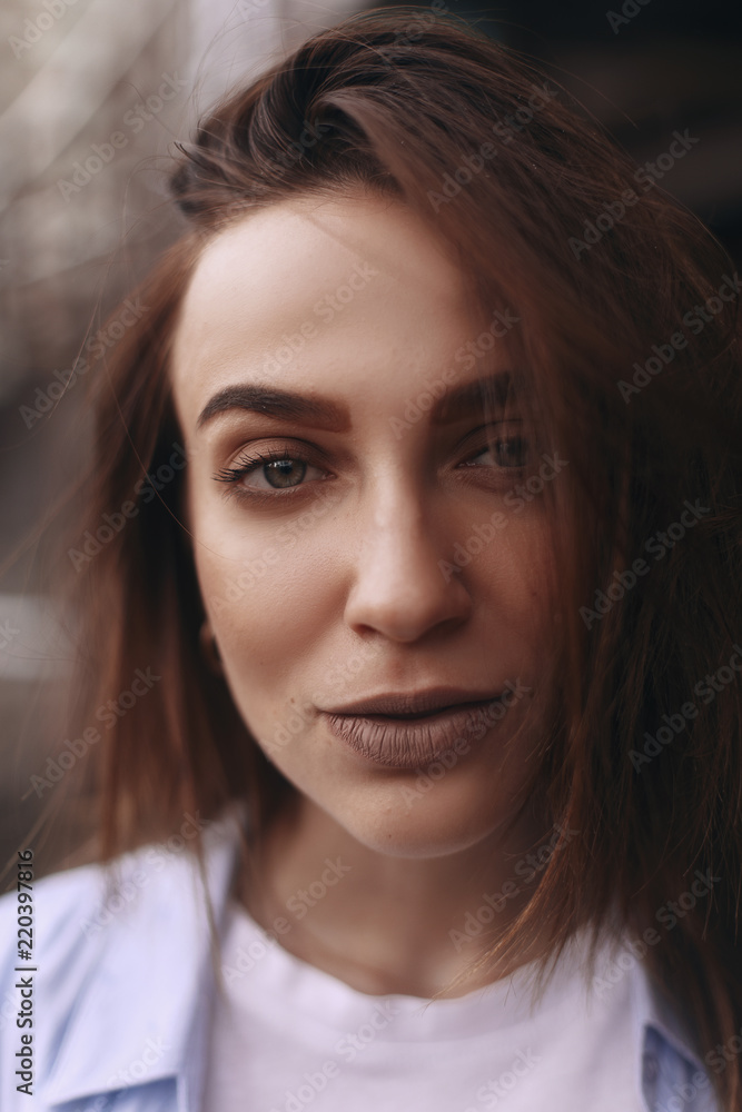 close up portrait of brunette woman with short hair she look sensual and sexy. clear face of girl. art portrait of a beautiful girl close up portrait of brunette woman with short hair she look sensual and sexy. clear face of girl. art portrait of a beautiful girl