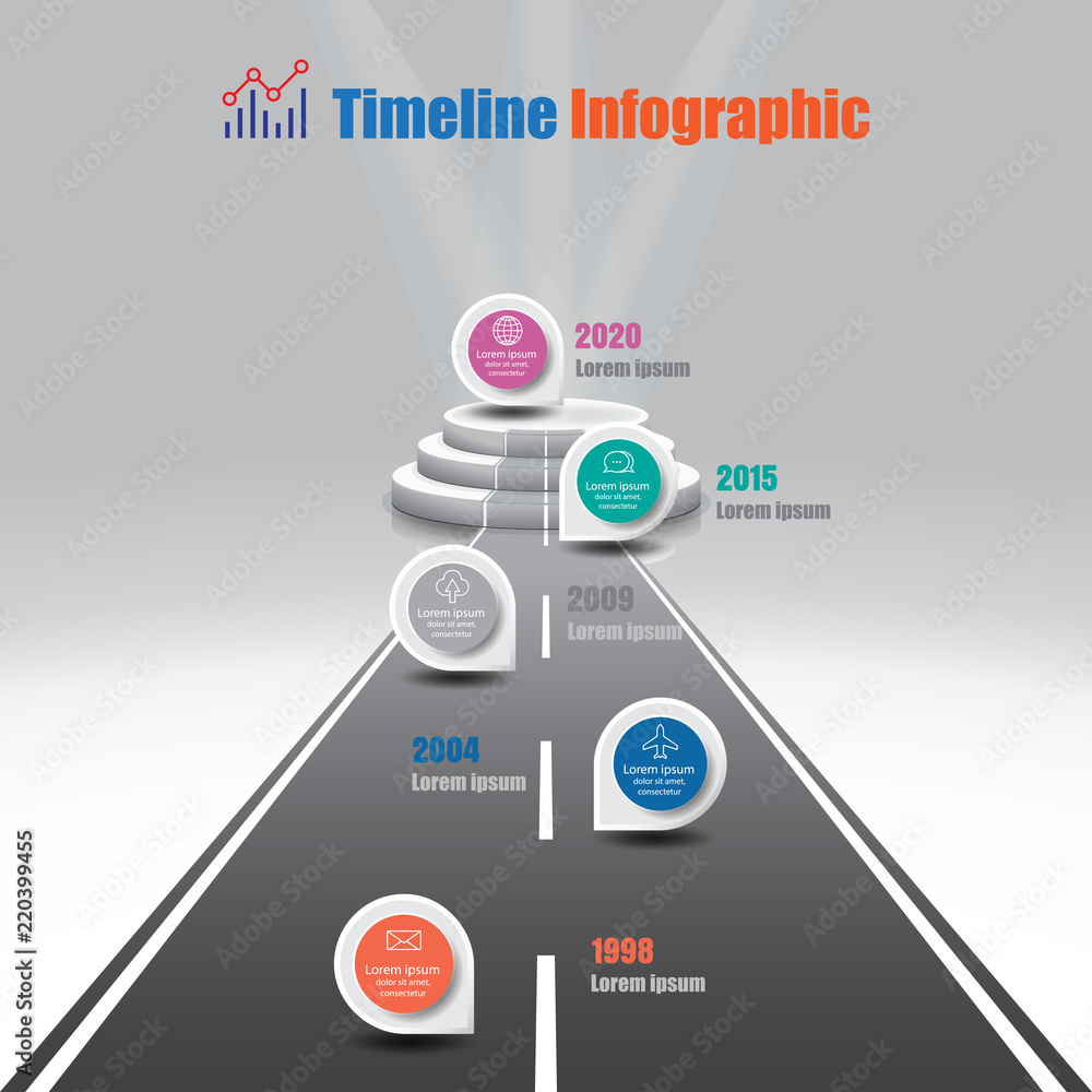 Business road map timeline infographic milestone pathway to podium designed for modern diagram process technology digital marketing data presentation chart. Vector illustration Business road map timeline infographic milestone pathway to podium designed for modern diagram process technology digital marketing data presentation chart. Vector illustration