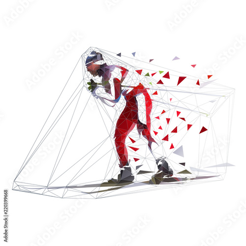 Cross country skier, polygonal vector illustration. Side view. Low poly winter skiing