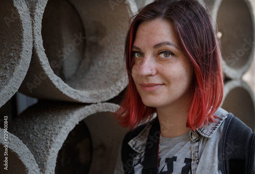 red haired goth girl travelling in abandoned Abkhazia