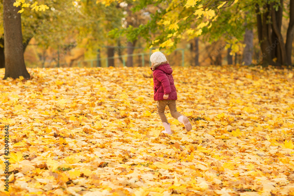 childhood, season and people concept - happy little girl running on fallen maple leaves at autumn park childhood, season and people concept - happy little girl running on fallen maple leaves at autumn park